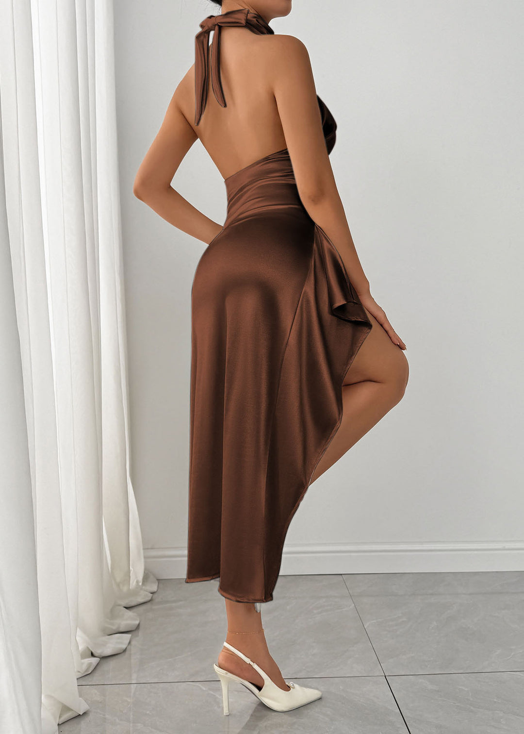 Sexy Coffee Side Open Wrinkled Silk Maxi Dresses Summer