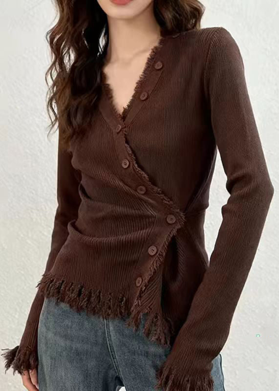 Sexy Coffee V Neck Button Cotton Knit Cardigans Spring