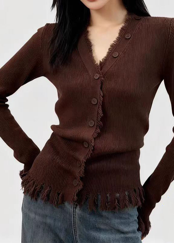 Sexy Coffee V Neck Button Cotton Knit Cardigans Spring