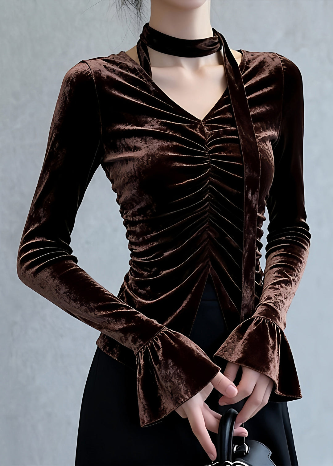 Sexy Coffee V Neck Wrinkled Silk Velour Top Flare Sleeve