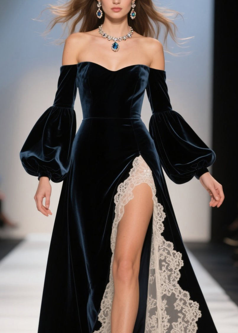 Sexy Cold Shoulder Lace Patchwork Velvet Dresses Fall