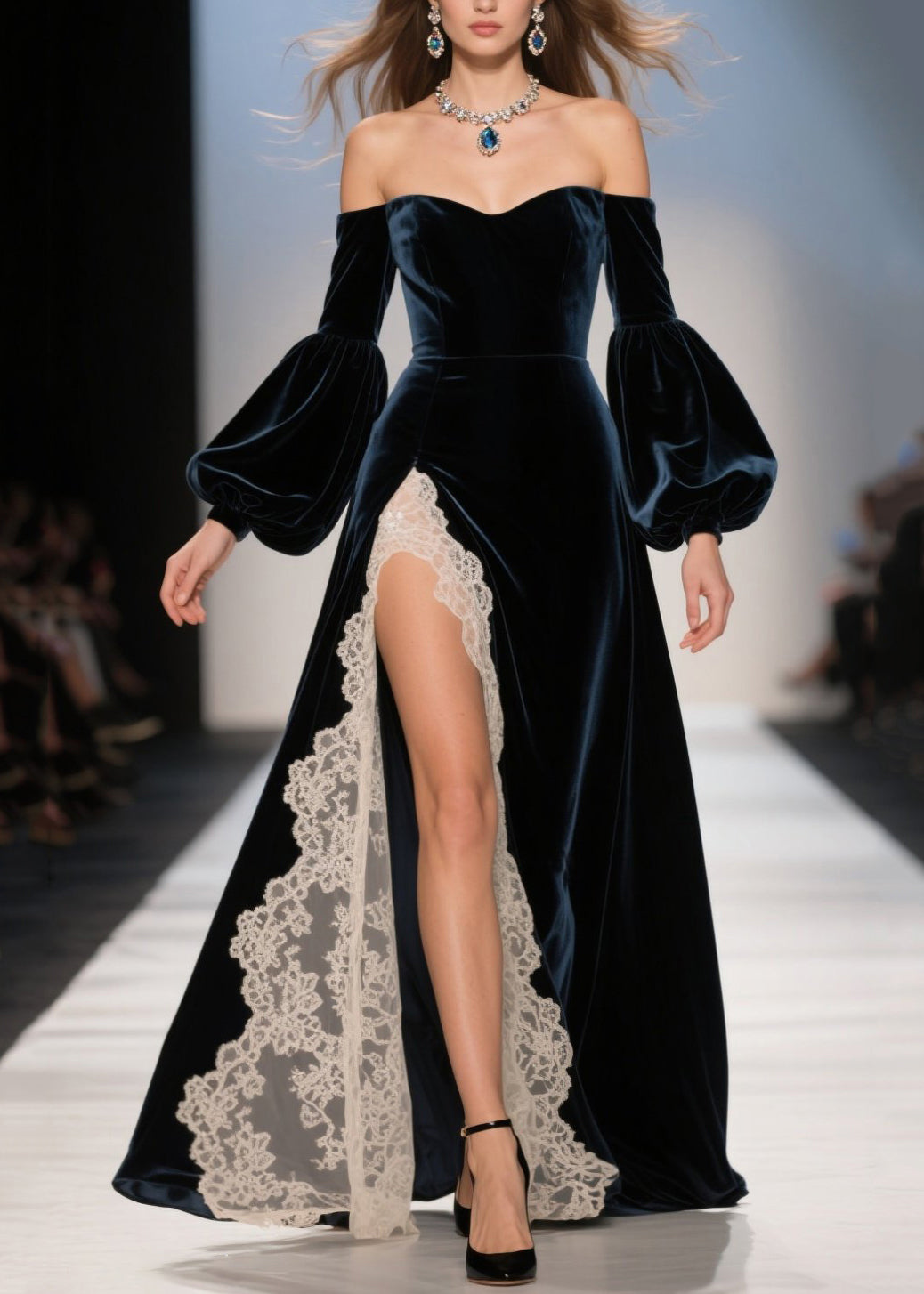 Sexy Cold Shoulder Lace Patchwork Velvet Dresses Fall