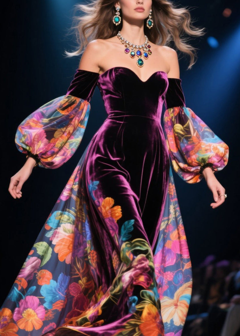 Sexy Cold Shoulder Print Patchwork Velour Dress Autumn