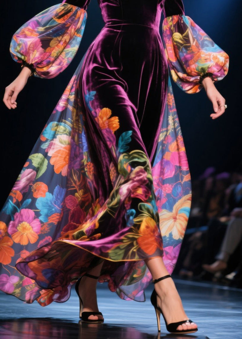 Sexy Cold Shoulder Print Patchwork Velour Dress Autumn