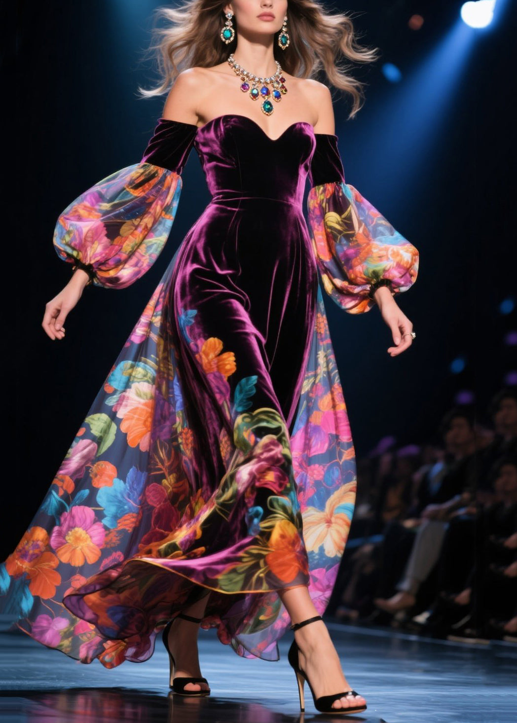 Sexy Cold Shoulder Print Patchwork Velour Dress Autumn