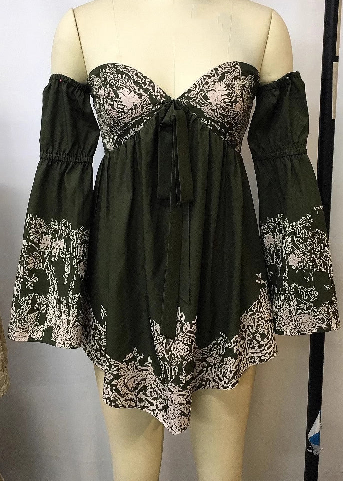 Sexy Green Cold Shoulder Print Cotton Holiday Dress Spring