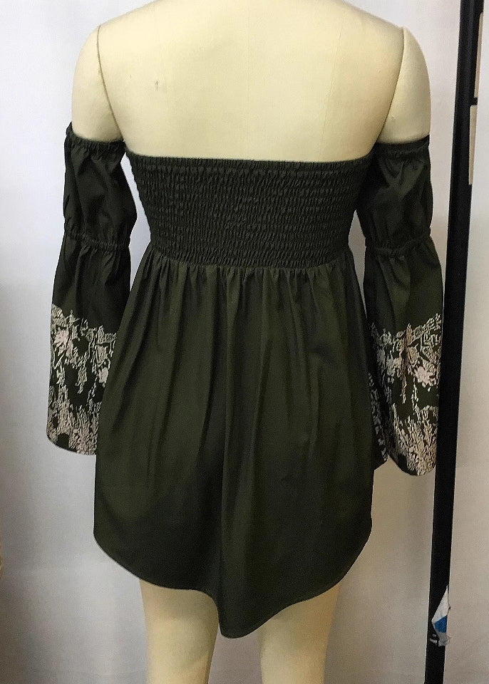 Sexy Green Cold Shoulder Print Cotton Holiday Dress Spring