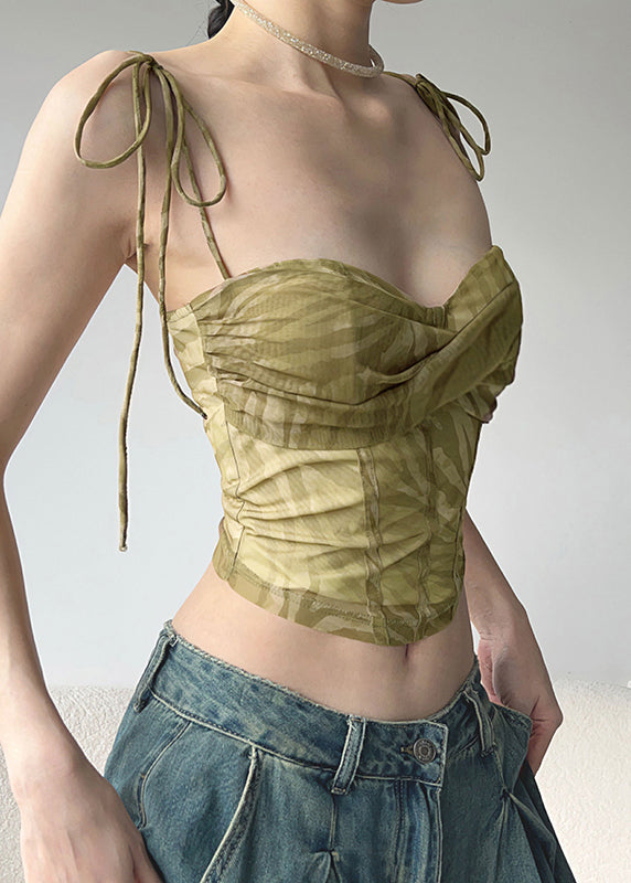 Sexy Green Cold Shoulder Tulle Spaghetti Strap Short Vest Sleeveless