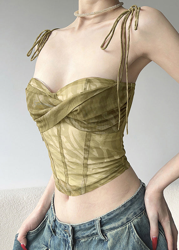 Sexy Green Cold Shoulder Tulle Spaghetti Strap Short Vest Sleeveless