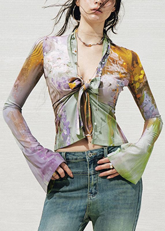 Sexy Green Purple V Neck Print Tie Waist Knit Shirts Fall