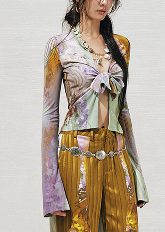 Sexy Green Purple V Neck Print Tie Waist Knit Shirts Fall