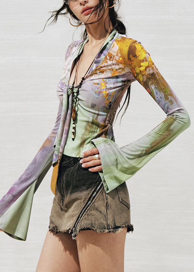 Sexy Green Purple V Neck Print Tie Waist Knit Shirts Fall