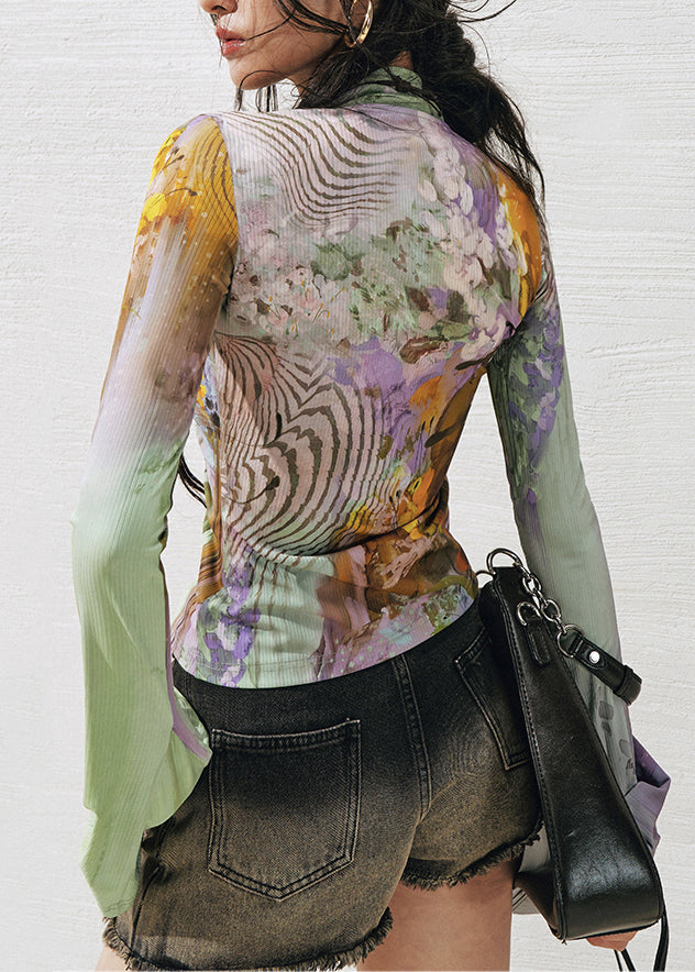 Sexy Green Purple V Neck Print Tie Waist Knit Shirts Fall