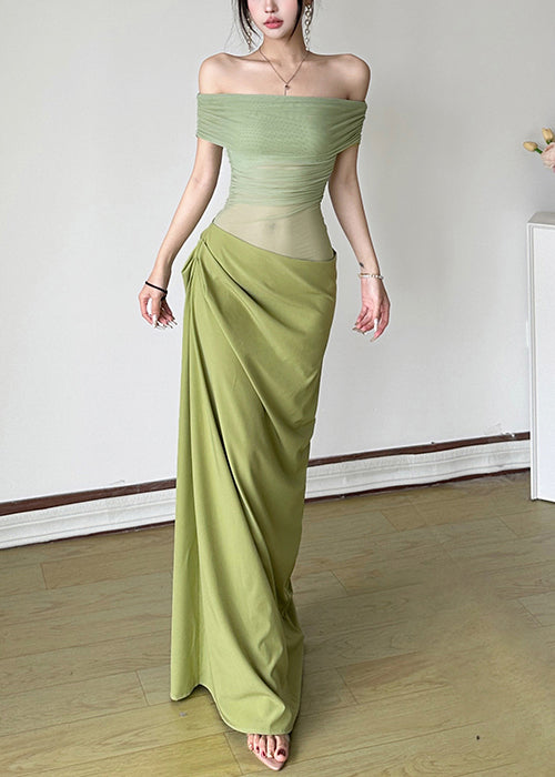 Sexy Green Wrinkled Tulle Patchwork Maxi Dresses Summer