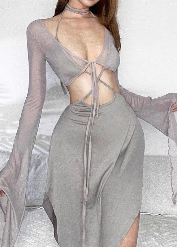 Sexy Grey Asymmetrical Hollow Out Lace Up Tulle Two Pieces Set