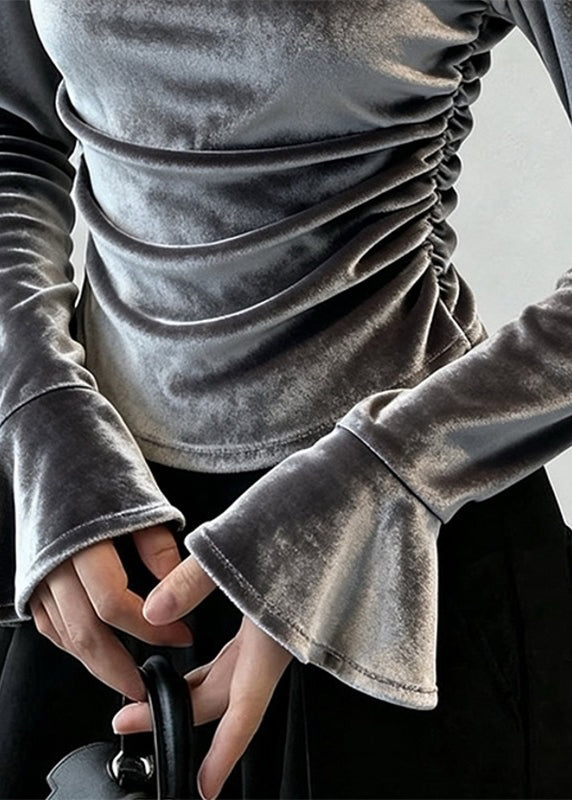 Sexy Grey Patchwork Hollow Out Silk Velour Tops Fall