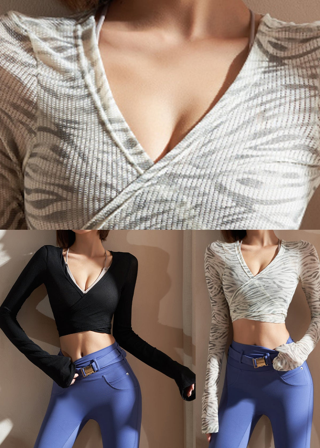 Sexy Grey V Neck Striped Print Yoga Top