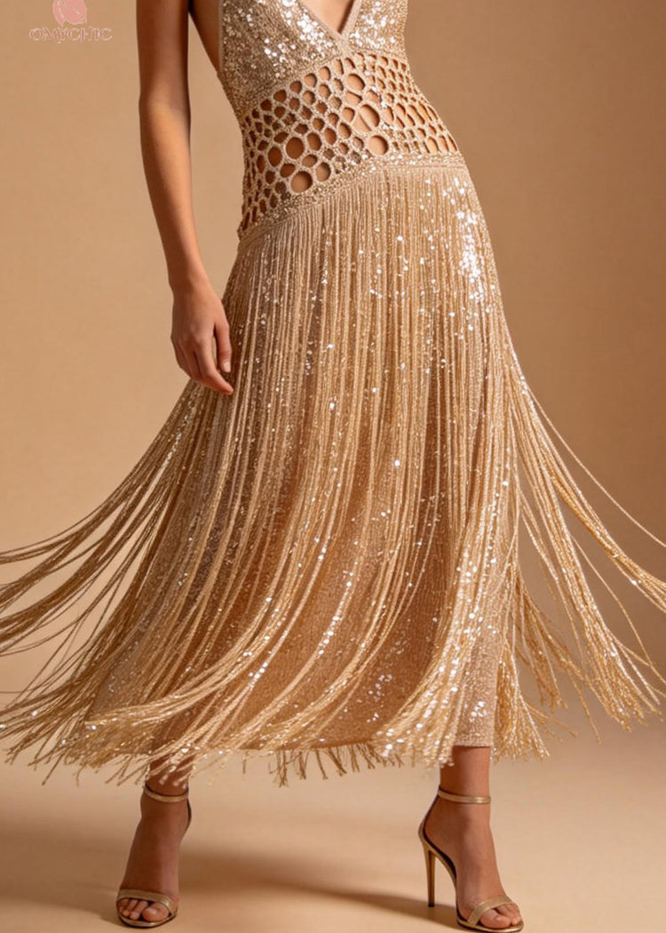 Sexy Hollow Out Tassel Patchwork Cotton Spaghetti Strap Dress Summer - Omychic