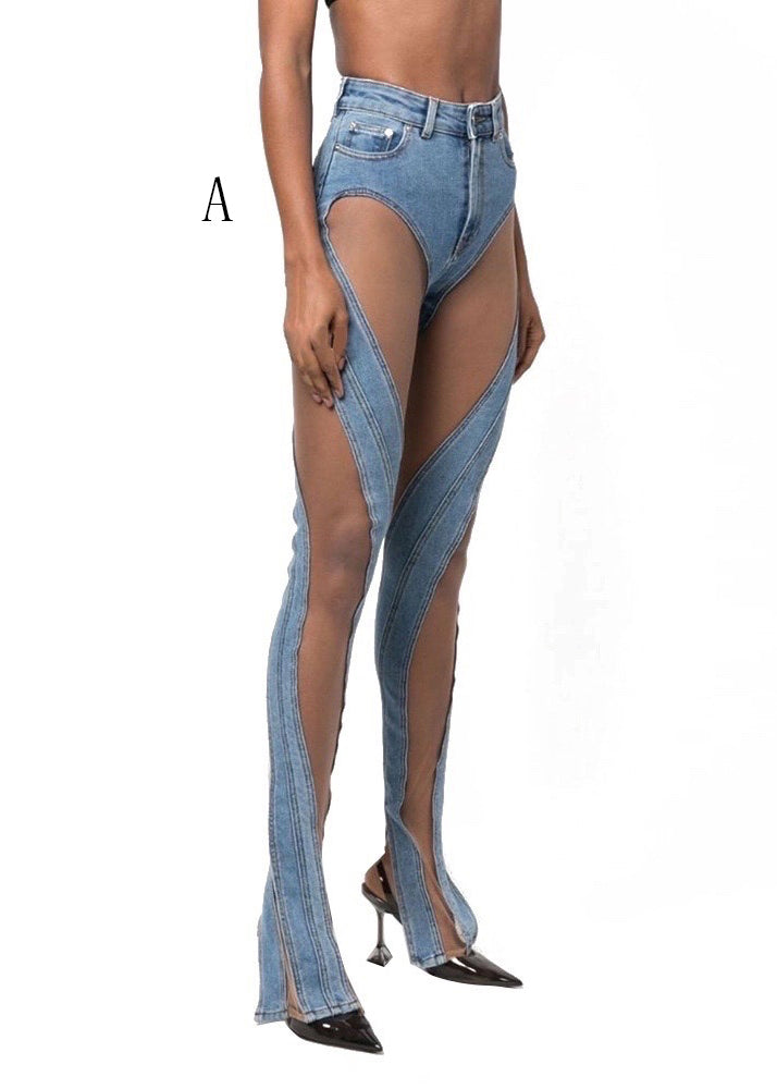 Sexy Hollow Out Tulle Patchwork Denim Trousers Fall