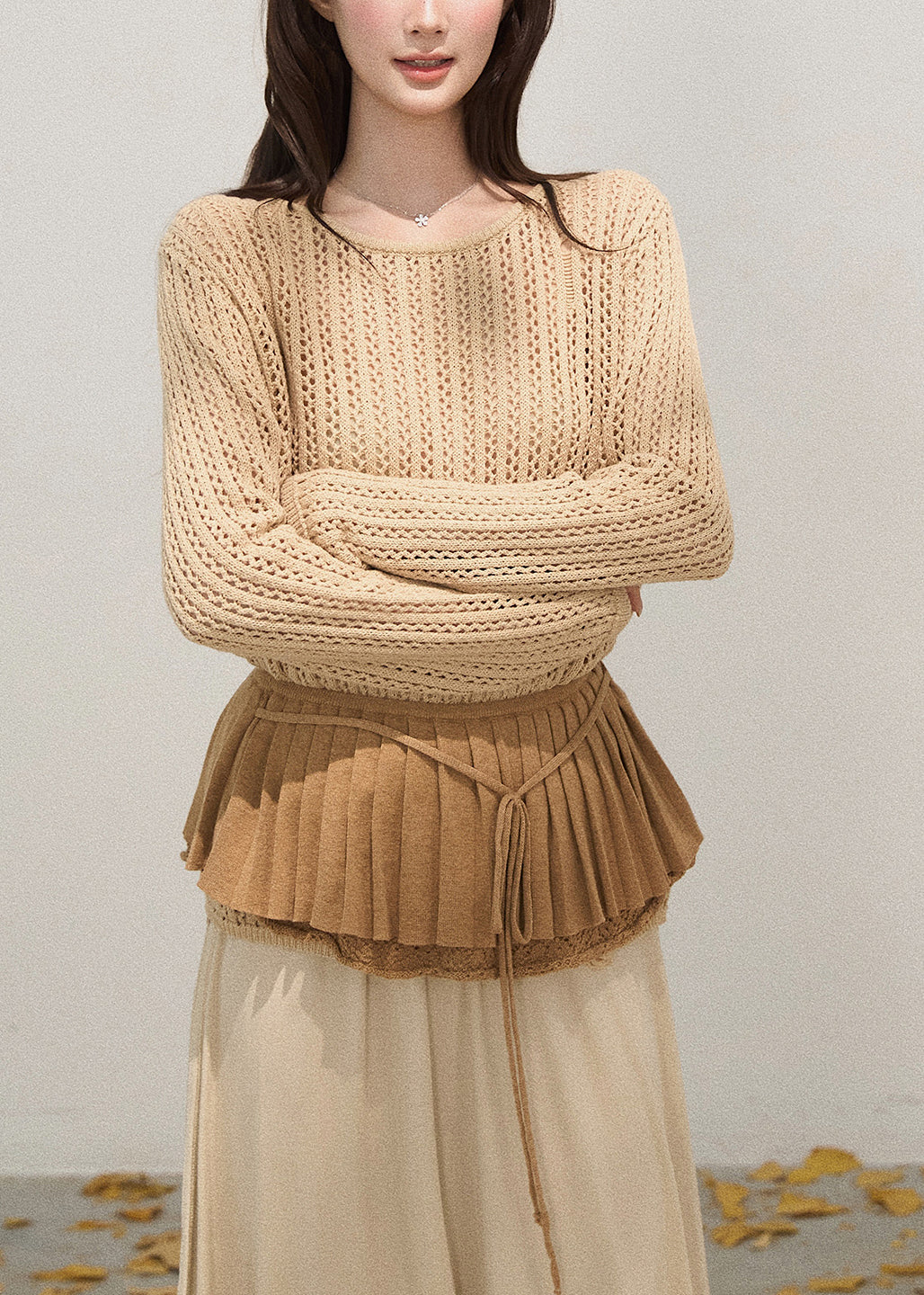 Sexy Khaki Hollow Out Knit Pullover Tops Fall