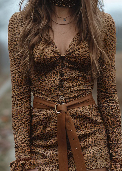 Sexy Leopard V Neck Ruffled Cotton Mini Dress Spring