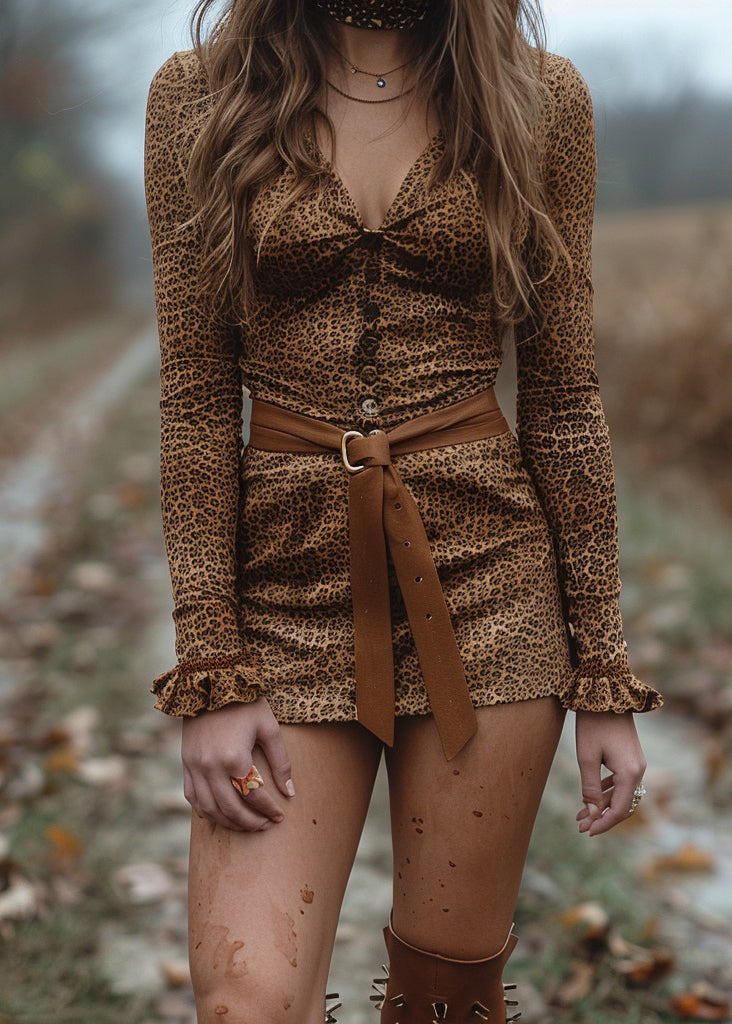Sexy Leopard V Neck Ruffled Cotton Mini Dress Spring
