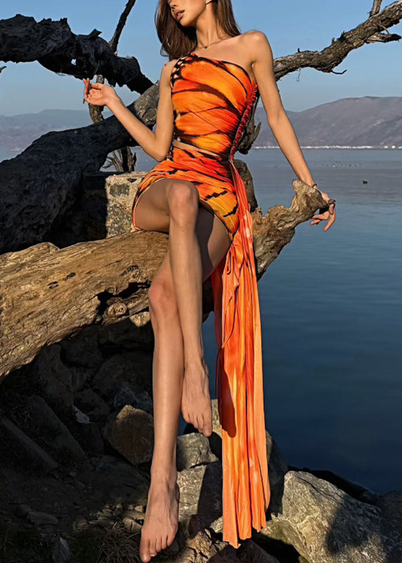 Sexy Orange Print Cold Shoulder Tulle Butterfly Dresses Summer