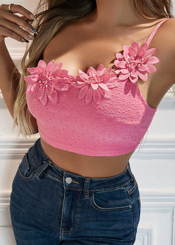 Sexy Pink Dimensional Flower Single Shoulder Camisole Top With