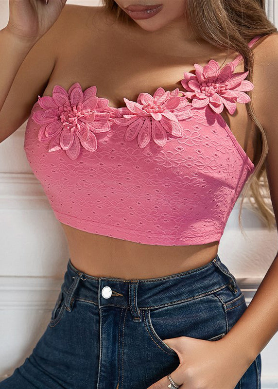 Sexy Pink Dimensional Flower Single Shoulder Camisole Top With