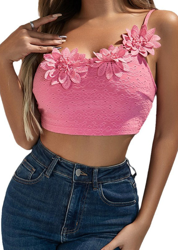 Sexy Pink Dimensional Flower Single Shoulder Camisole Top With