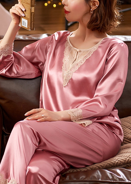 Sexy Pink Lace Patchwork Silk Pajamas Two Pieces Set