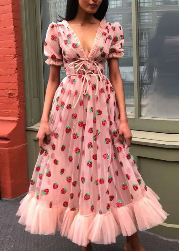 Sexy Pink V Neck Ruffled Lace Up Tulle Maxi Dresses Summer