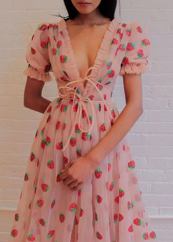 Sexy Pink V Neck Ruffled Lace Up Tulle Maxi Dresses Summer