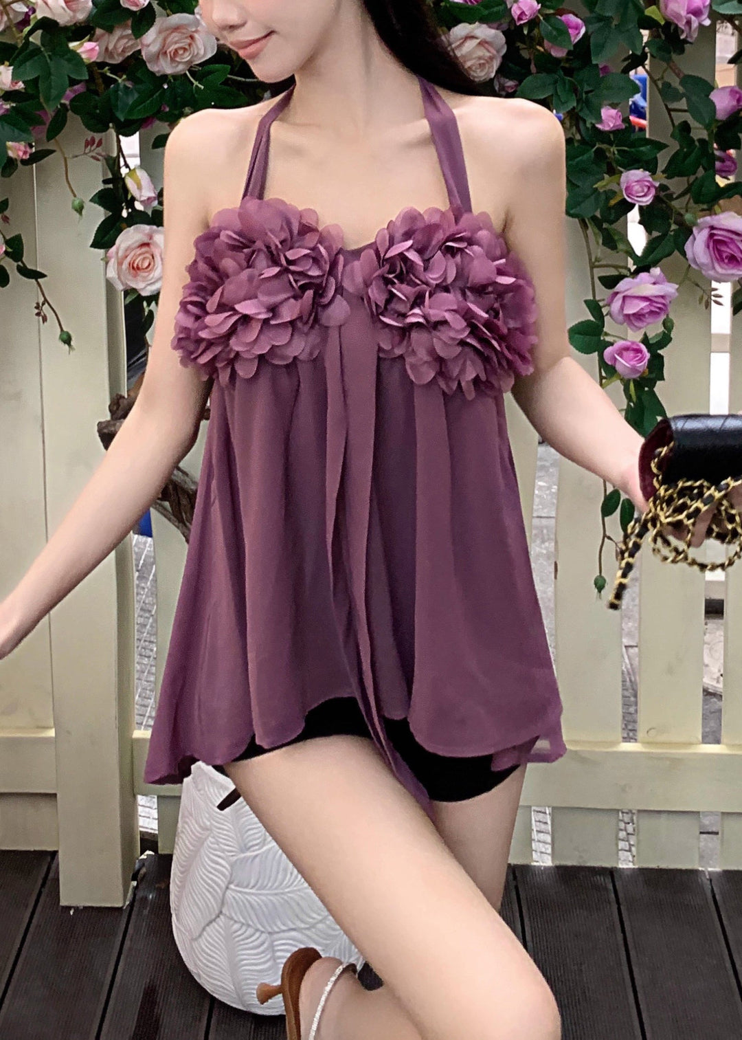 Sexy Purple Floral Chiffon Halter Tops Summer