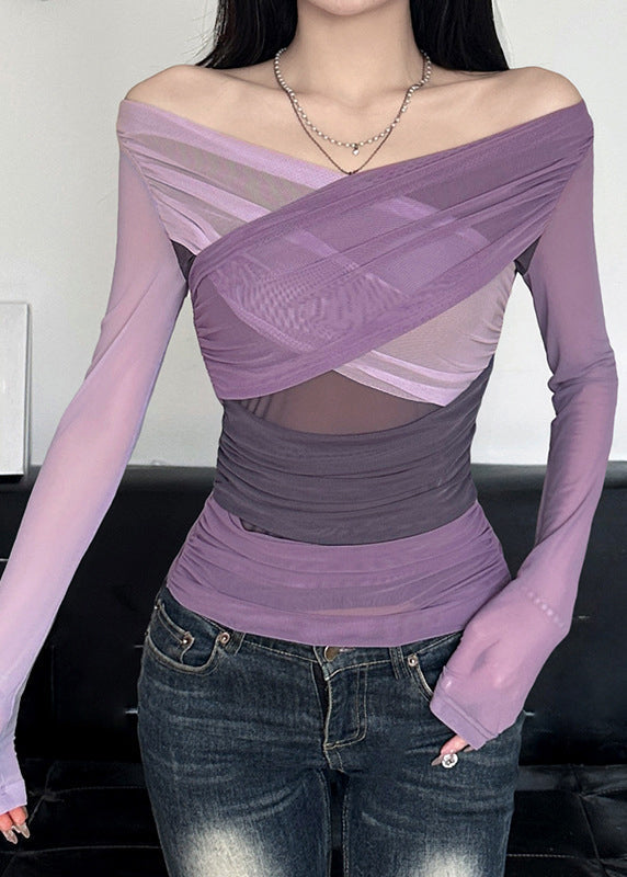 Sexy Purple Slash Neck Wrinkled Tulle Top Spring