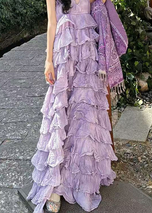 Sexy Purple V Neck Backless Cotton Maxi Dresses Sleeveless