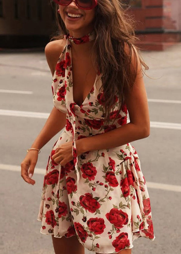 Sexy Red Backless Halter Print Cotton Mini Dresses Summer