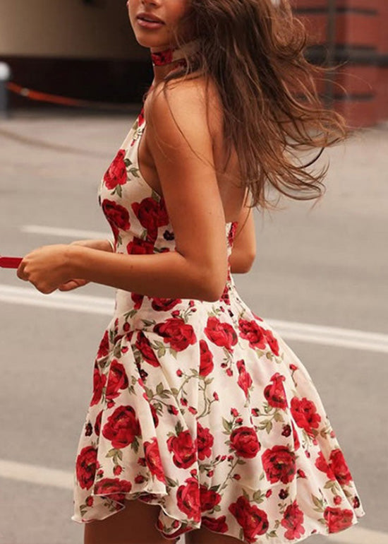 Sexy Red Backless Halter Print Cotton Mini Dresses Summer