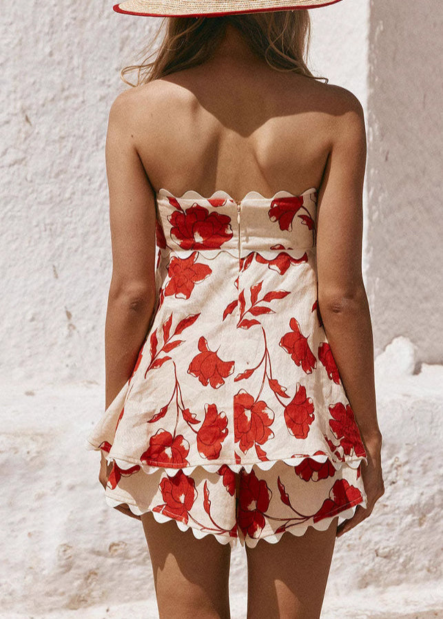 Sexy Red Backless Print Cotton Two Pieces Set Summer