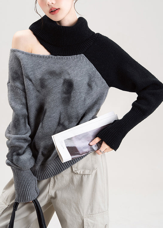 Sexy Red Cold Shoulder Patchwork Knit Sweaters Fall