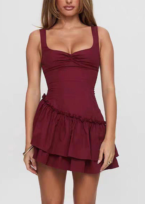 Sexy Red Ruffled Solid Cotton Mini Dresses Summer