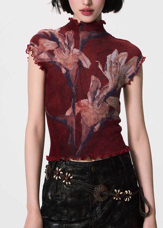 Sexy Red Turtleneck Ruffled Print T Shirt Short Sleeve