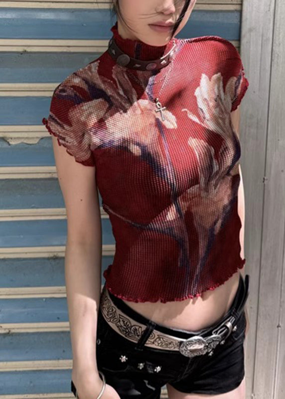 Sexy Red Turtleneck Ruffled Print T Shirt Short Sleeve
