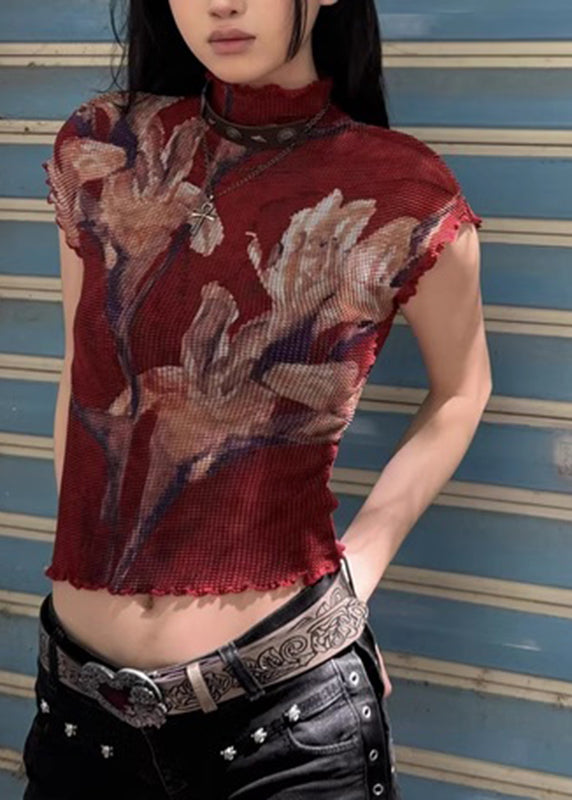 Sexy Red Turtleneck Ruffled Print T Shirt Short Sleeve