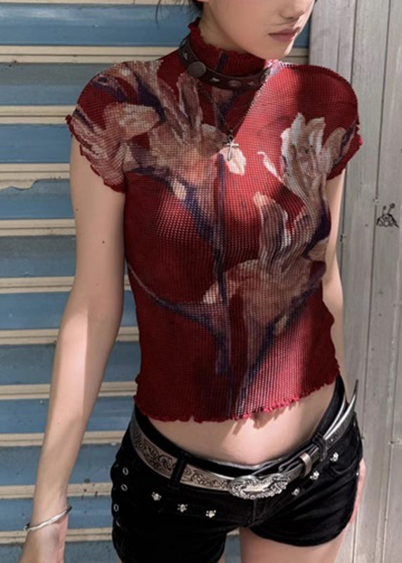 Sexy Red Turtleneck Ruffled Print T Shirt Short Sleeve