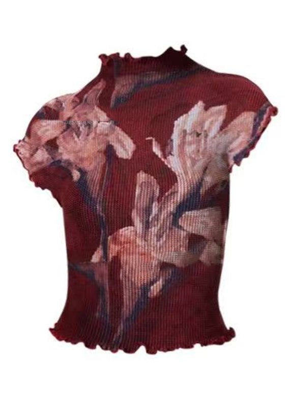 Sexy Red Turtleneck Ruffled Print T Shirt Short Sleeve