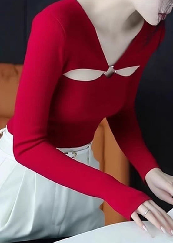 Sexy Red V Neck Patchwork Hollow Out T Shirt Fall