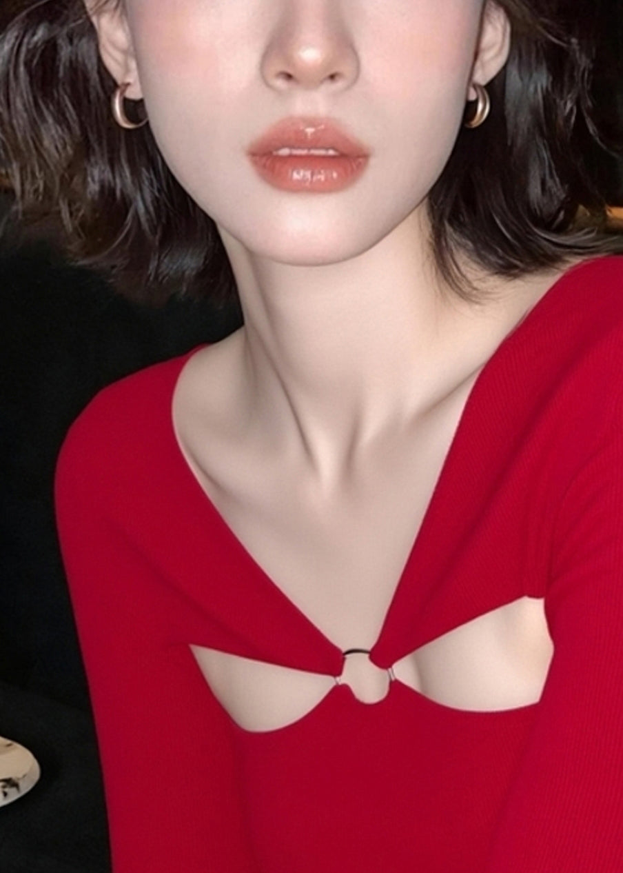 Sexy Red V Neck Patchwork Hollow Out T Shirt Fall