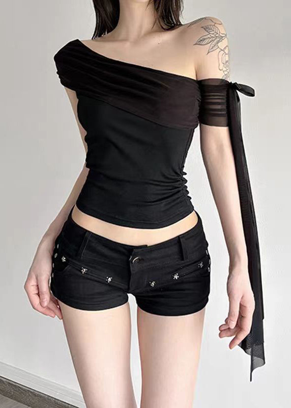 Sexy Slim Fit Black Cold Shoulder Bow Tulle T Shirt Tops Summer
