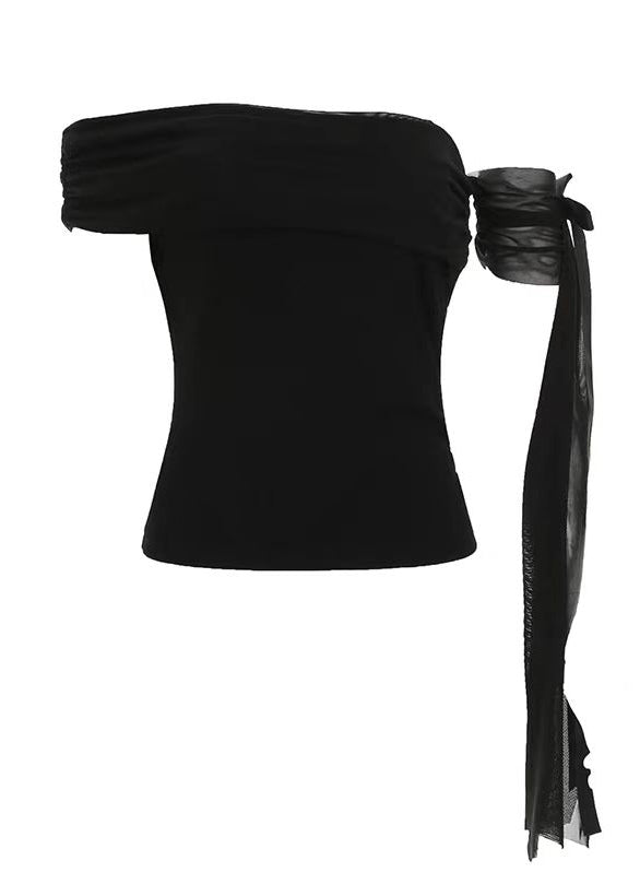 Sexy Slim Fit Black Cold Shoulder Bow Tulle T Shirt Tops Summer
